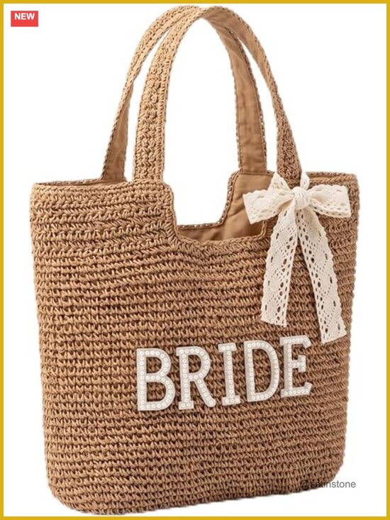 Handbags - BRIDE Straw Tote Bag Rhinestone Patch Lace Bow Hair Tie Beach Honeymoon Wedding